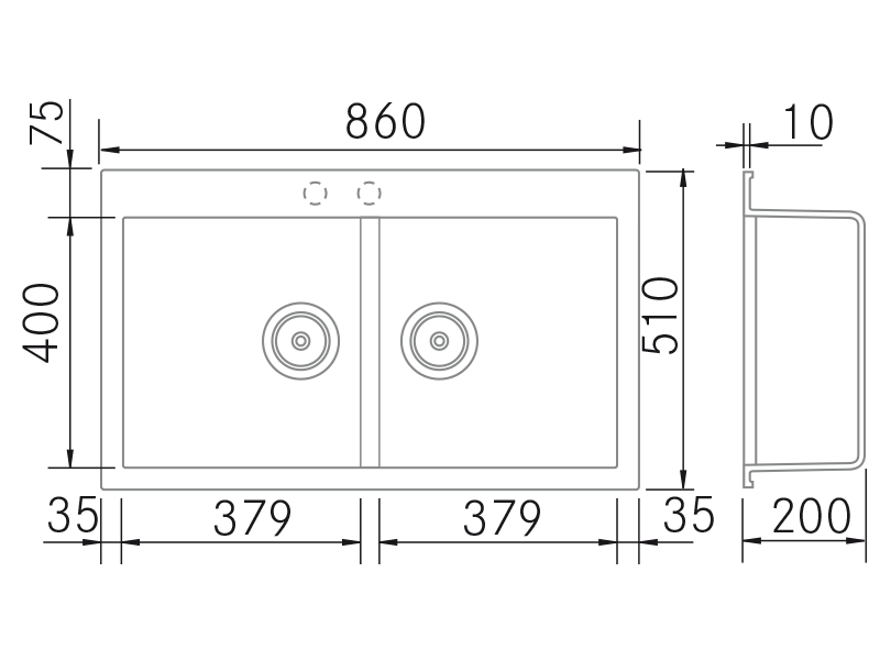 Éviers - Quadra SE Doble - Dessin technique