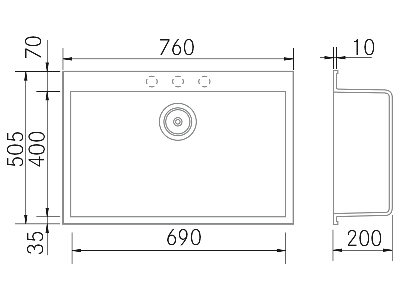 Éviers - Quadra SE 760 - Dessin technique