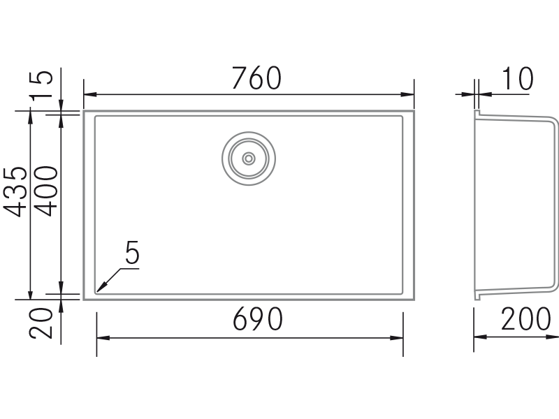 Éviers - Quadra BE 760 - Dessin technique