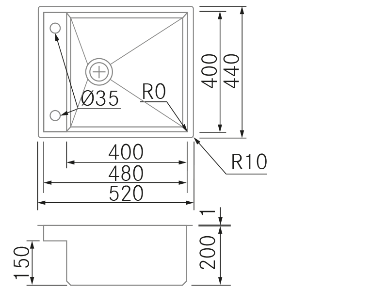 Éviers - Latus 40 BE-EN-OE - Dessin technique